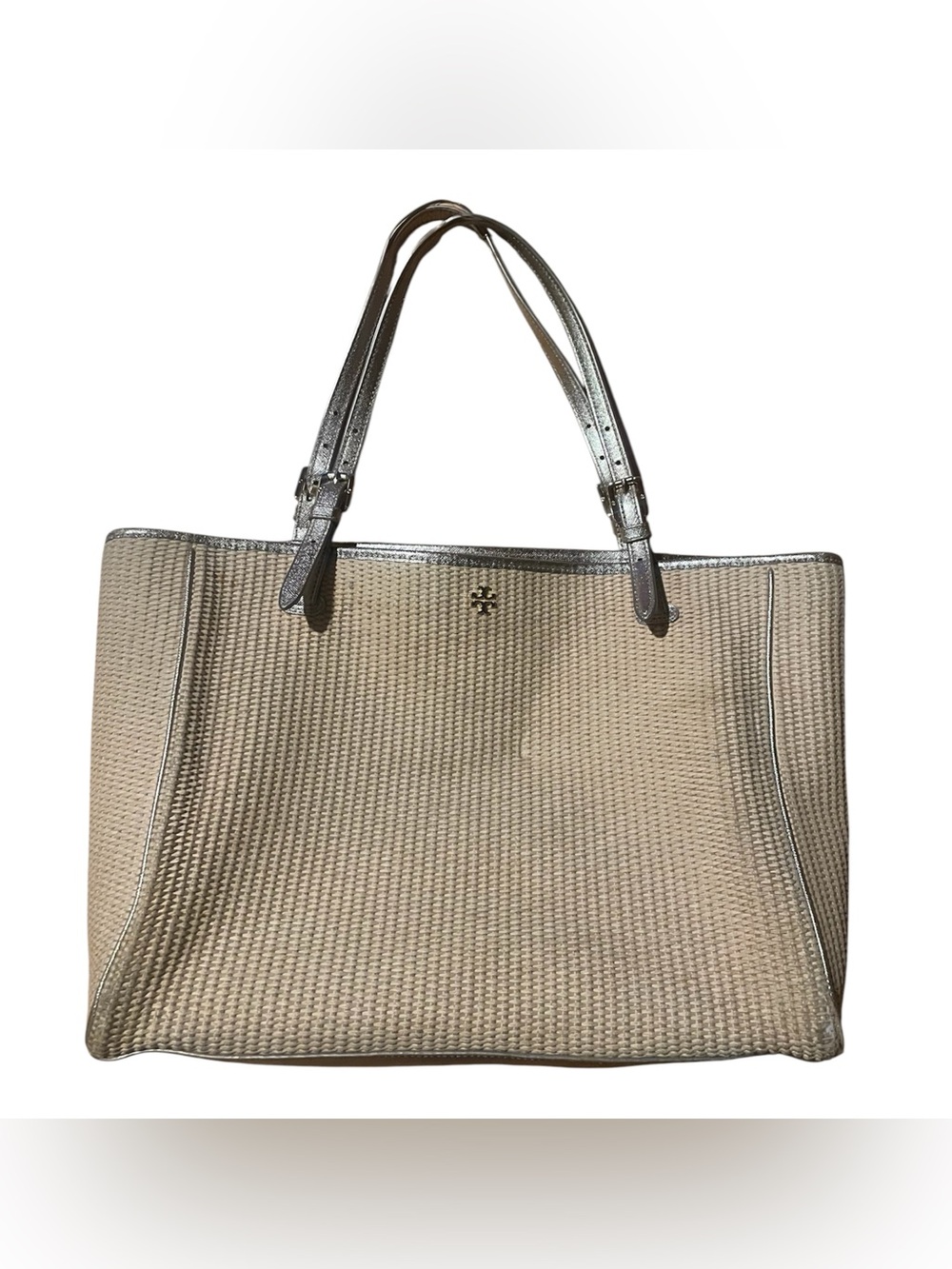 Tory Burch Beige Woven Tote with shiny accents and Handles